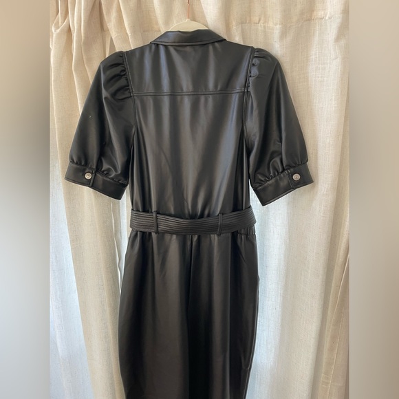NWT Express L Faux Leather Black Puff Sleeve Tie Waist Straight Leg Jumpsuit - Picture 11 of 11